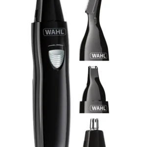 The WAHL 3-in-1 personal trimmer with interchangeable heads for trimming nose hair, eyebrows, and facial hair, offering a rechargeable and washable grooming solution.