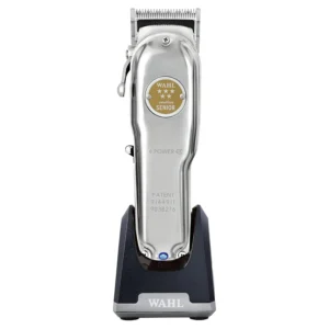 The Wahl Professional 5 Star Cordless Senior Clipper Metal Edition is designed for barbers and stylists, featuring a powerful rotary motor, metal taper lever, and comes with a charging stand.