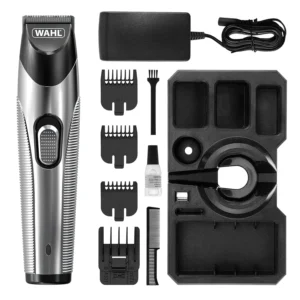 The WAHL Silver Trim rechargeable beard trimmer offers cordless convenience and precision trimming with stainless steel blades and adjustable cutting lengths from 0.5 to 11 mm.