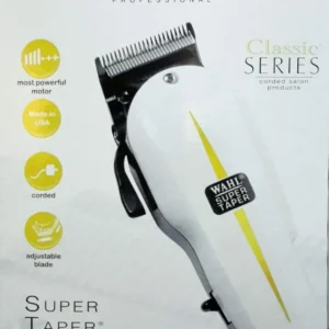 This is a Wahl Super Taper hair clipper with a long cord, chrome-plated precision blade, V5000 motor, thumb lever for taper adjustment, and comb attachments.