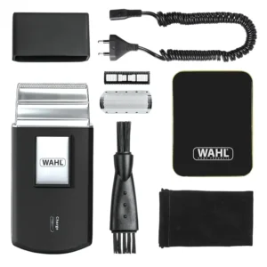 A compact and portable Wahl travel shaver, a cordless and rechargeable electric razor perfect for men on the go, for hair and beard trimming.