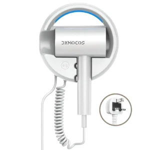 White wall mounted hair dryer with blue night light, featuring ionic technology for fast and healthy hair drying in hotels, homes, or salons.