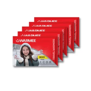 This image shows a 5 pack of WARMEE body warmers, a heat pouch designed to provide warmth to the body.