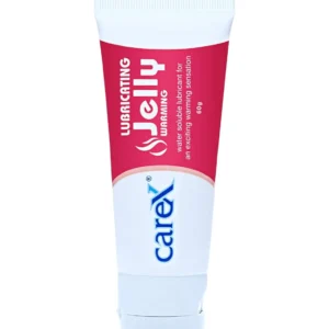 A tube of Carex Lubricating Jelly, a greaseless and transparent body lubricant designed for a warming sensation.