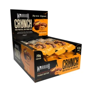 Indulge in a Warrior Crunch dark chocolate peanut butter protein bar, a chewy and crispy snack with 20 grams of protein and low sugar, perfect for post-workout recovery or a keto diet.