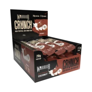 Twelve Warrior Crunch milk chocolate coconut protein bars, each containing 20 grams of protein and less than 3 grams of sugar and carbs, are displayed.