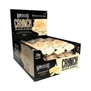 A pack of twelve Warrior Crunch high protein, low carb white chocolate crisp bars, perfect for post-workout recovery and keto diets.