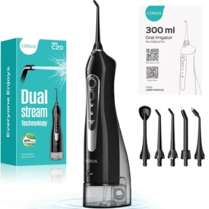 The COSLUS C20 water flosser provides deep cleaning for braces and gums, featuring adjustable pressure, portability, and a rechargeable, waterproof design.