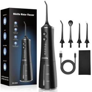 Cordless water flosser with four nozzles for effective teeth cleaning and improved gum health, featuring adjustable pressure and a portable design.