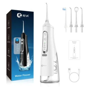 White cordless dental water flosser irrigates teeth and gums with four rotating jet tips, featuring a detachable 310ML water tank and long-lasting rechargeable battery for easy oral hygiene at home or while traveling.