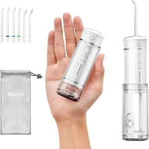 This mini cordless water flosser is perfect for travel, featuring 5 pressure modes, 6 jet tips, a telescopic water tank, and IPX7 waterproof design for effectively cleaning teeth and braces.
