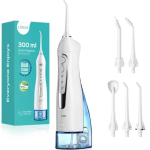 This portable water flosser with replaceable heads has a 300ml water tank, is easy to use, IPX7 waterproof, and perfect for deep cleaning and improved gingival health while traveling.