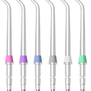 Six replacement classic jet tips for water flossers, compatible with Waterpik and other brands, offer a portable and convenient oral hygiene solution with multiple tips.
