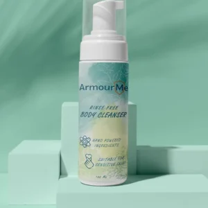 ArmourMe waterless body wash with aloe vera gently cleanses, moisturizes, and protects skin, offering a convenient shower-free cleansing option with a mild citrus scent.