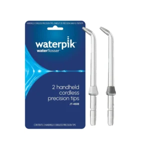 Two color-coded Waterpik classic jet tips for cordless water flossers, designed for general use and effective plaque removal to improve gum health.