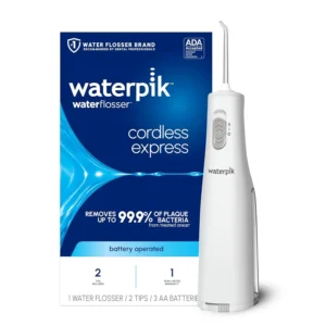 A white Waterpik Cordless Express water flosser is shown, a portable and battery-operated oral hygiene solution accepted by the ADA for effective plaque removal and gum health.