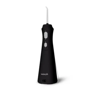 The Waterpik Cordless Plus Water Flosser in black provides 45 seconds of flossing time for effective plaque removal in smaller bathrooms.