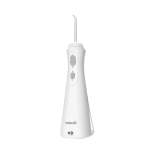 A white Waterpik Cordless Plus water flosser provides 45 seconds of flossing time and effective plaque removal, perfect for small bathrooms.