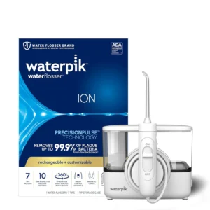 The Waterpik ION cordless water flosser provides a rechargeable and portable solution for effective teeth cleaning and improved gum health, featuring multiple tips, pressure settings, and a long-lasting battery.