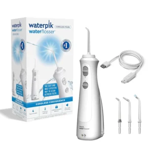 The Waterpik Pearl cordless water flosser effectively removes plaque and improves gum health, offering a convenient and portable solution for on-the-go dental care.