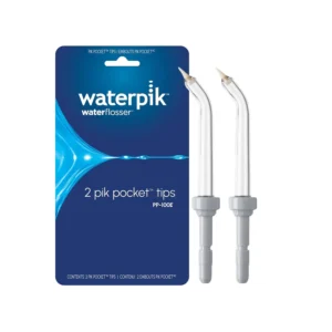 Two color-coded Waterpik Pik Pocket replacement tips designed for gentle cleaning of periodontal pockets with Waterpik countertop water flossers.