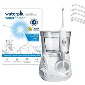 White Waterpik oral irrigator effectively removes plaque, proven safer and more effective than flossing for braces, implants and gum health.