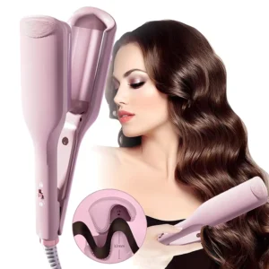 Pink Beauenty waver curling iron with two barrels creates deep, shiny waves with double negative ion technology and rapid heating.