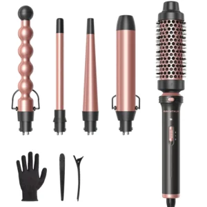 This Wavytalk 5 in 1 curling wand set includes interchangeable ceramic barrels, a thermal brush, and creates multiple curl sizes for versatile hairstyles.