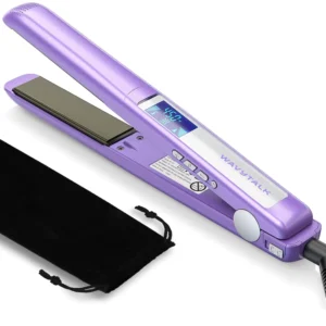 Purple Wavytalk flat iron with 100% pure titanium plates heats up quickly to straighten, curl, and style hair with less frizz, offering worldwide dual voltage compatibility.