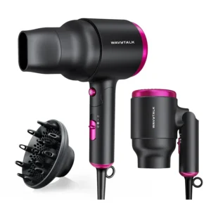 The black Wavytalk portable hair dryer with diffuser attachment is lightweight and compact.
