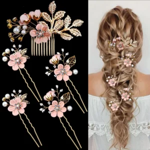 This set of five gold wedding hair pins features sparkling rhinestones, plump pearls, and delicate pink cherry blossom petals, perfect for adding elegance to bridal hairstyles.