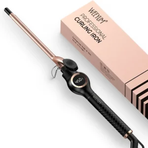The WEEYUM 3/8 inch curling iron creates tight, retro ringlet curls, adding volume to fine hair with its ceramic tourmaline barrel and adjustable temperature settings.