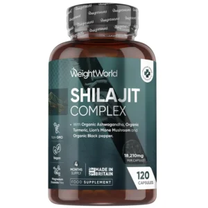 WeightWorld Shilajit Complex capsules contain shilajit, ashwagandha, turmeric, lion's mane, and black pepper for both men and women, providing a four-month supply of vegan, non-GMO, and gluten-free supplement.