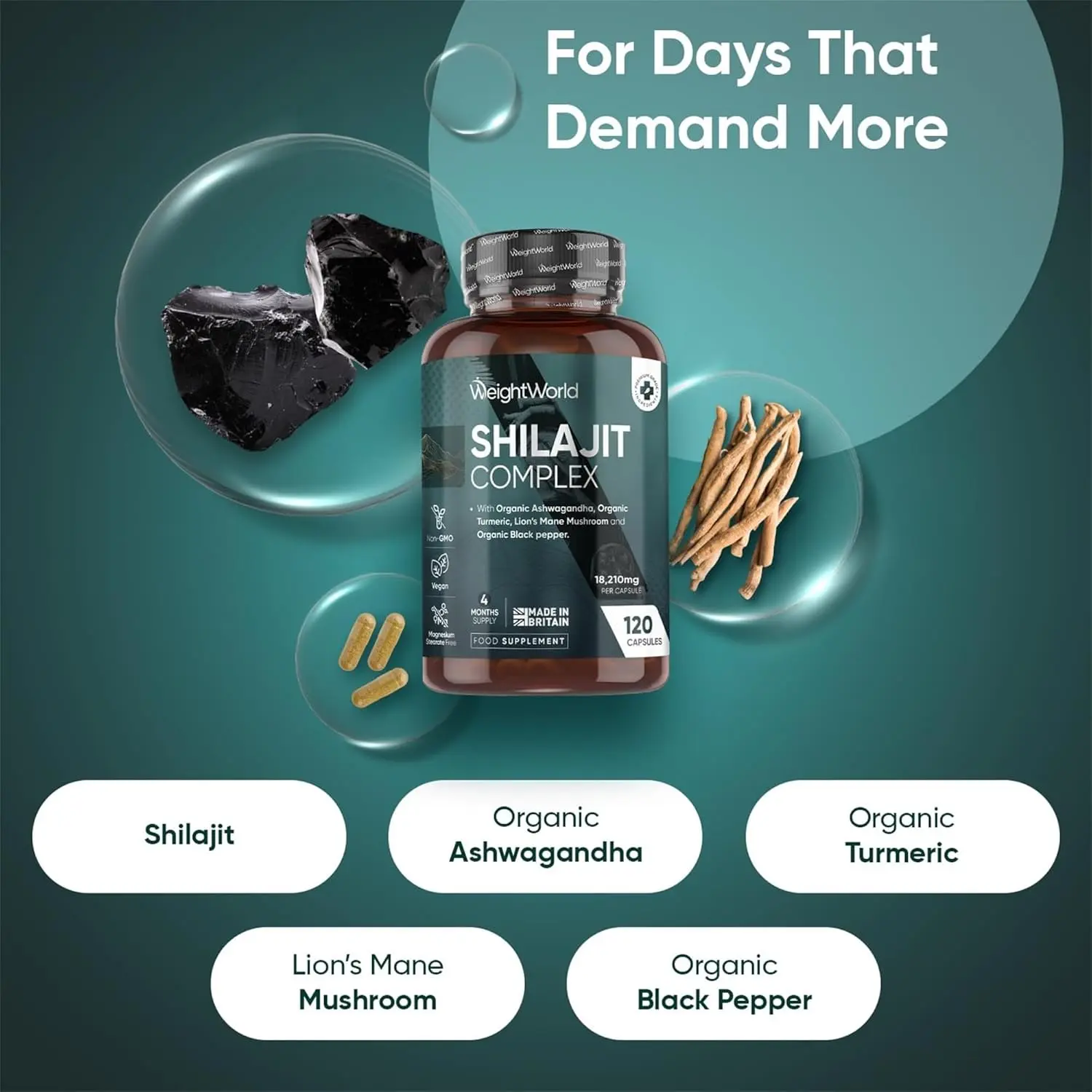 WeightWorld Shilajit Complex capsules contain shilajit, ashwagandha, turmeric, lion's mane, and black pepper for both men and women, providing a four-month supply of vegan, non-GMO, and gluten-free supplement.