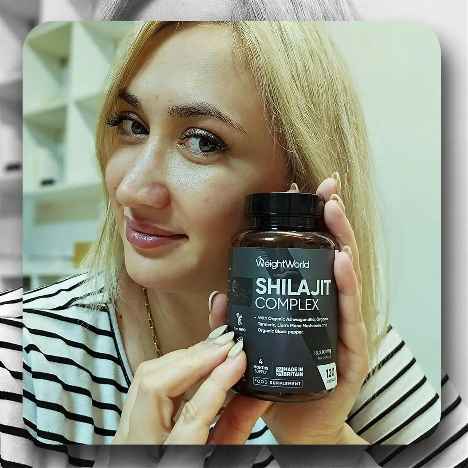 WeightWorld Shilajit Complex capsules contain shilajit, ashwagandha, turmeric, lion's mane, and black pepper for both men and women, providing a four-month supply of vegan, non-GMO, and gluten-free supplement.