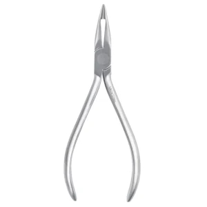 Close-up of a slim 5.5 inch Medicsteel Weingart orthodontic plier made with surgical grade stainless steel and German tungsten carbide inserts, designed for optimal performance in dental and surgical settings.