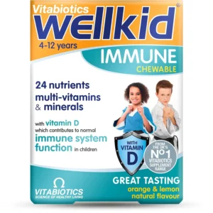 A box of Wellkid Immune Chewable tablets, providing expert nutritional support for kids with 24 nutrients including zinc and 7g of vitamin D for normal immune system function.