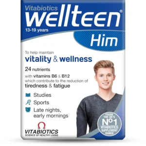 Wellteen Vitabiotics Him tablets for reducing tiredness, supporting immunity, boosting cognitive function, and maintaining normal bone health with a comprehensive range of vitamins and minerals.
