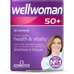 A pack of Wellwoman 50+ vitamins, an enhanced formula to support health, vitality, brain, eyes and heart in women over 50.