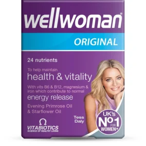 Vitabiotics Wellwoman Original capsules provide comprehensive nutritional support for women's health, promoting energy, hormonal balance, immune function, and healthy skin, hair, and nails.