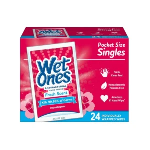A box of 24 Wet Ones Singles antibacterial wipes featuring a fresh scent and hypoallergenic formula, perfect for on-the-go cleansing.