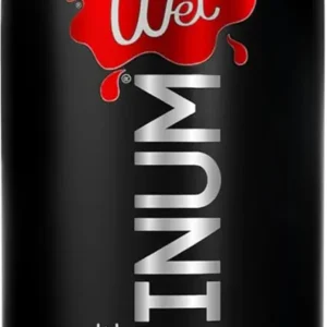 A bottle of Wet Platinum Lube, a premium silicone-based personal lubricant by Wet.