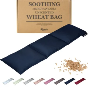 Dark blue Qomfor microwavable wheat bag for pain relief, perfect as a heated neck warmer to soothe neck and shoulders.