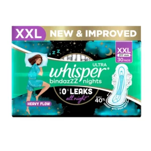 Whisper Bindazz Night XL+ sanitary pads with odour lock gel provide hygienic protection during heavy flow days and nights.