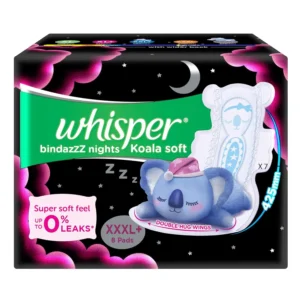 Whisper Bindazzz Nights Koala Soft XXXL+ sanitary pads with extra-long and wide back for leakproof overnight protection and a super-soft top cover.
