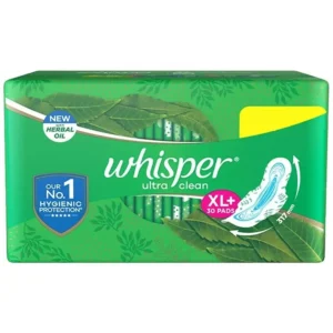 Whisper Ultra Clean XL Plus sanitary pads provide nearly 40% longer coverage with odour lock gel for hygienic protection, ideal for heavy flow days.
