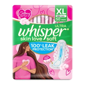 Close-up of Whisper Ultra Soft XL sanitary pad with soft top sheet, stretchable wings, and absorbent core, offering extra gentleness and secure protection.