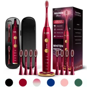 The red Wagner Stern WHITEN+ Edition electric toothbrush is displayed with its travel case and eight brush heads, highlighting its whitening capabilities, multiple modes, and included accessories.