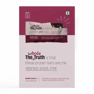 Six dark pink The Whole Truth Double Cocoa protein bars featuring dark chocolate, roasted almonds, 12g protein, and no added sugar.