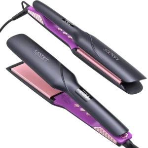 LANDOT wide plate flat iron quickly straightens thick, long, or coarse hair with adjustable heat and dual voltage for worldwide use.